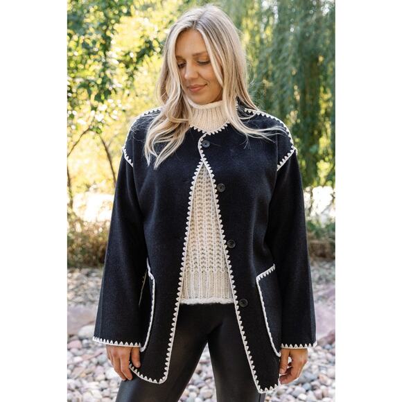 Utcoco Boutique Cassidy Tonal Black Cardigan Jacket Top Black Cream NWT M - Picture 1 of 5